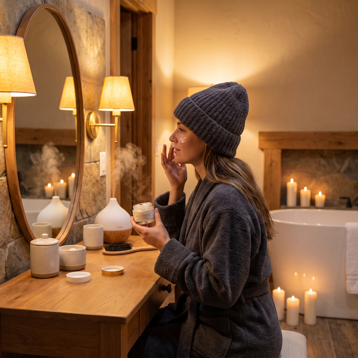 Person at a home vanity table wearing the grey LED scalp care cap as part of an evening self-care routine