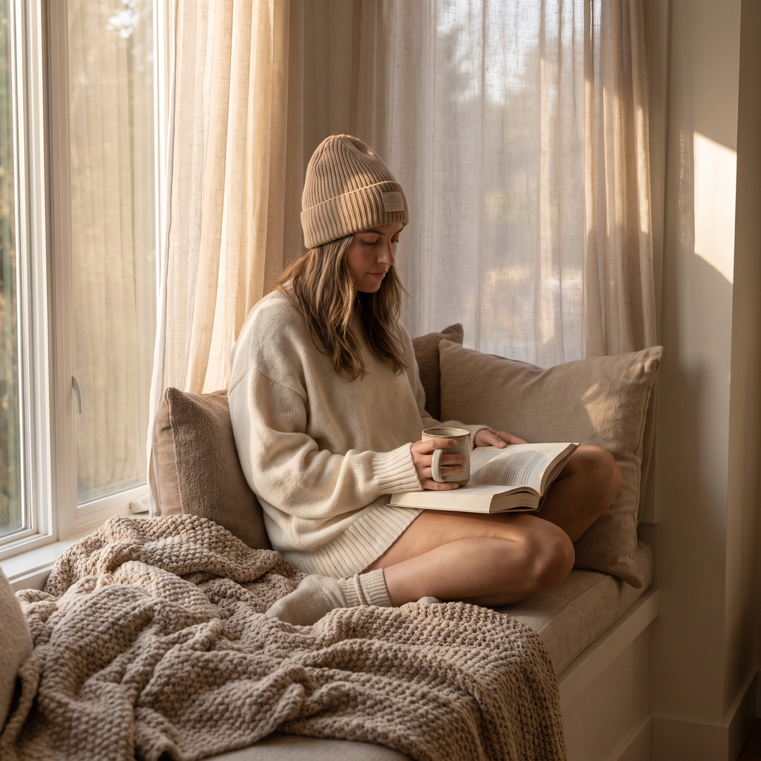 Person relaxing in a reading nook wearing the multifunctional LED scalp care cap during a calm self-care moment