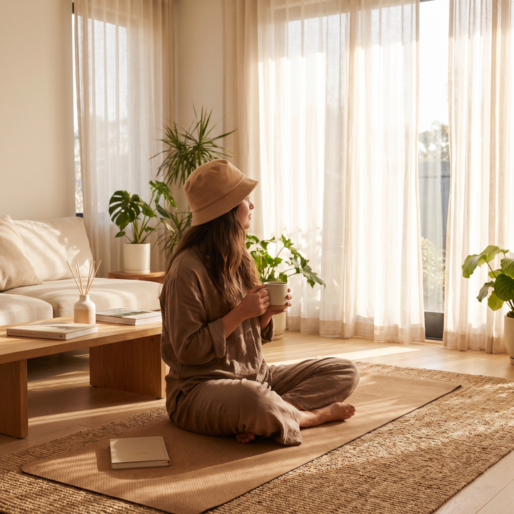 Person sitting on a yoga mat wearing the multifunctional LED scalp care cap during a morning self-care routine