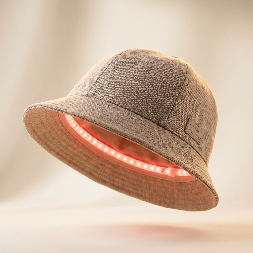 Multifunctional tan red light LED cap for scalp wellness rituals, front three-quarter view