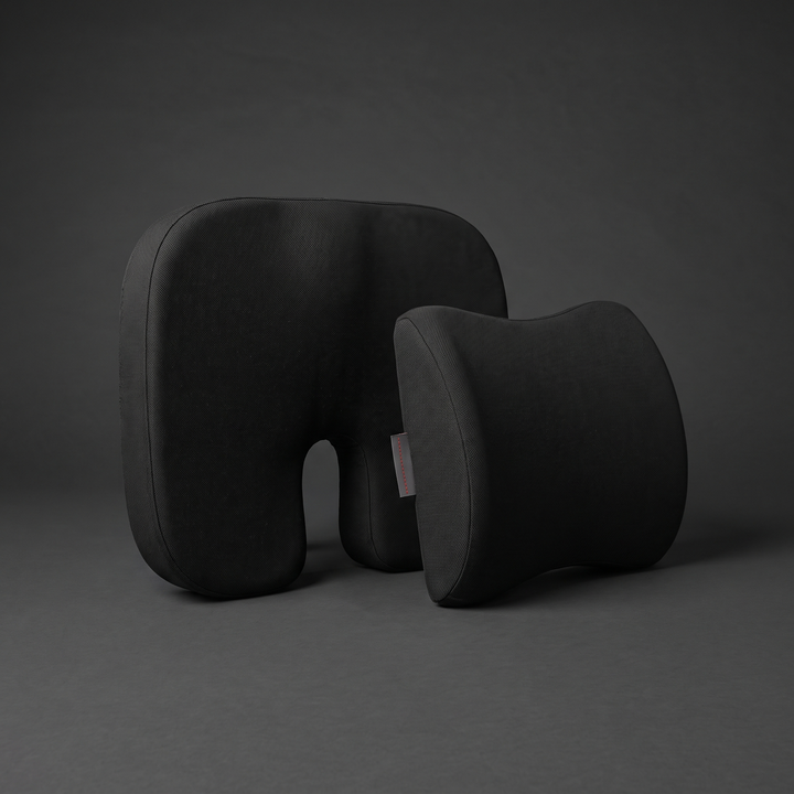 Black 2-in-1 memory foam seat and lumbar cushion set for office chair, car, and home desk
