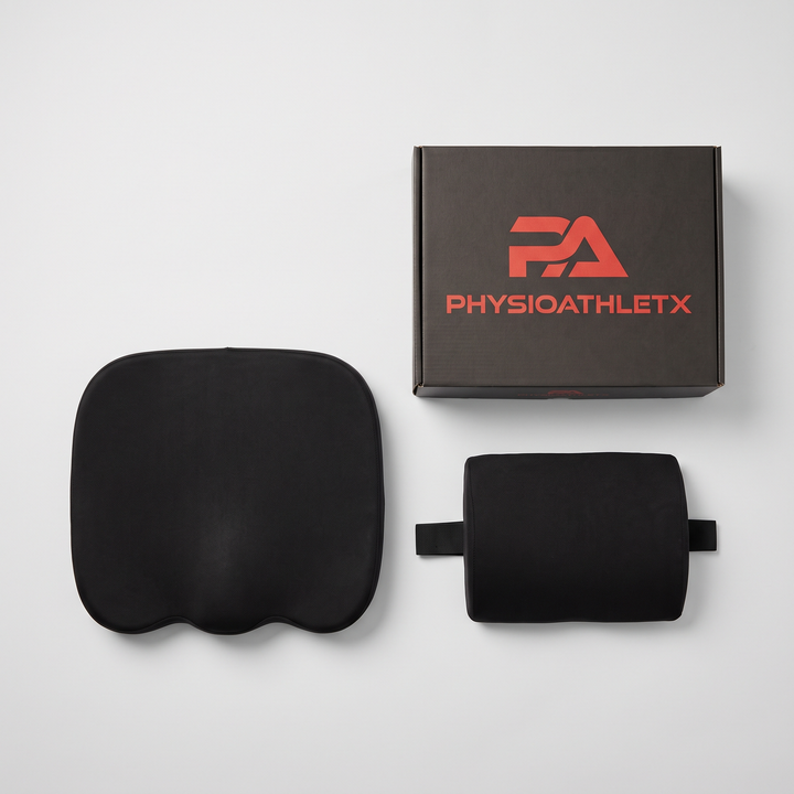 Flat lay of black seat and lumbar cushion set with PHYSIOATHLETX packaging