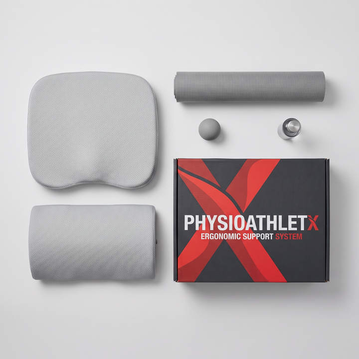 Flat lay of light grey seat and lumbar cushion set with PHYSIOATHLETX packaging