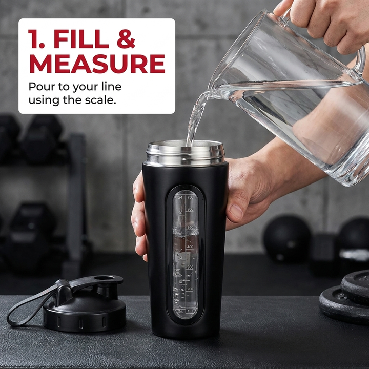 PHYSIOATHLETX Stainless Steel Shaker Bottle 700ml - How It Works Step 1 Fill and Measure