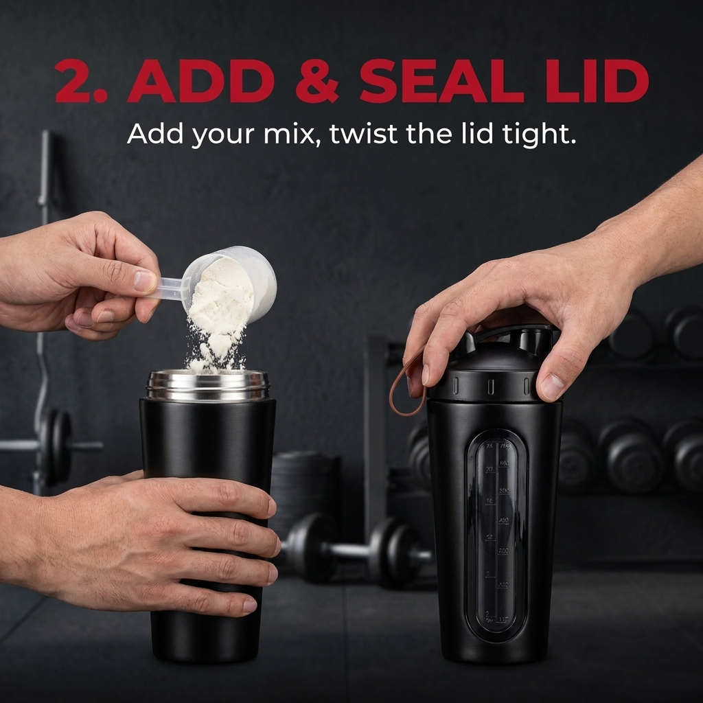PHYSIOATHLETX Stainless Steel Shaker Bottle 700ml - How It Works Step 2 Add and Seal Lid
