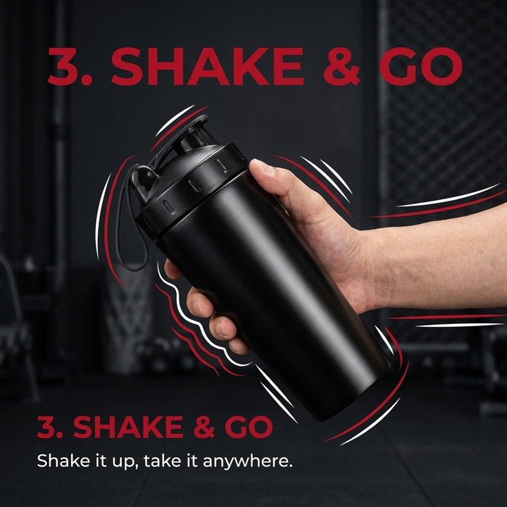 PHYSIOATHLETX Stainless Steel Shaker Bottle 700ml - How It Works Step 3 Shake and Go