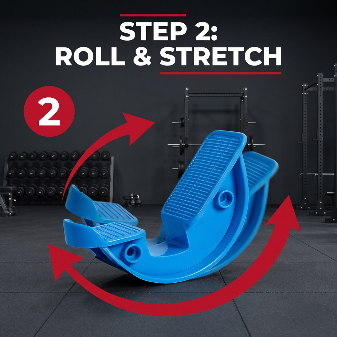 Blue stretching wheel calf stretcher, how-to step 2 roll and stretch