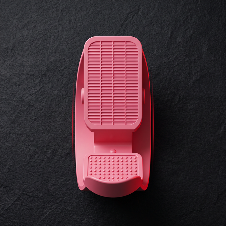 Pink stretching wheel calf stretcher, top-down flat lay