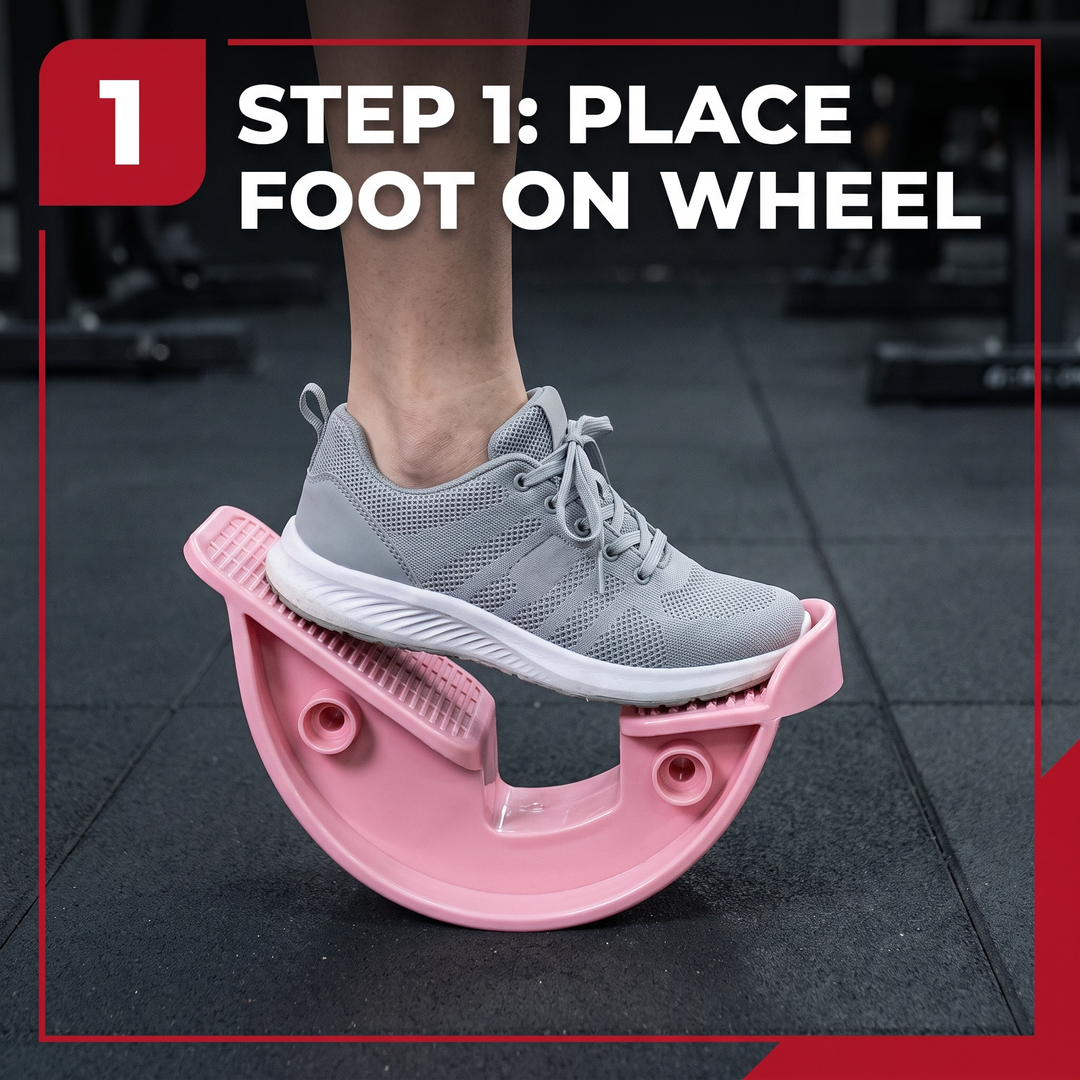 Pink stretching wheel calf stretcher, how-to step 1 place foot on wheel