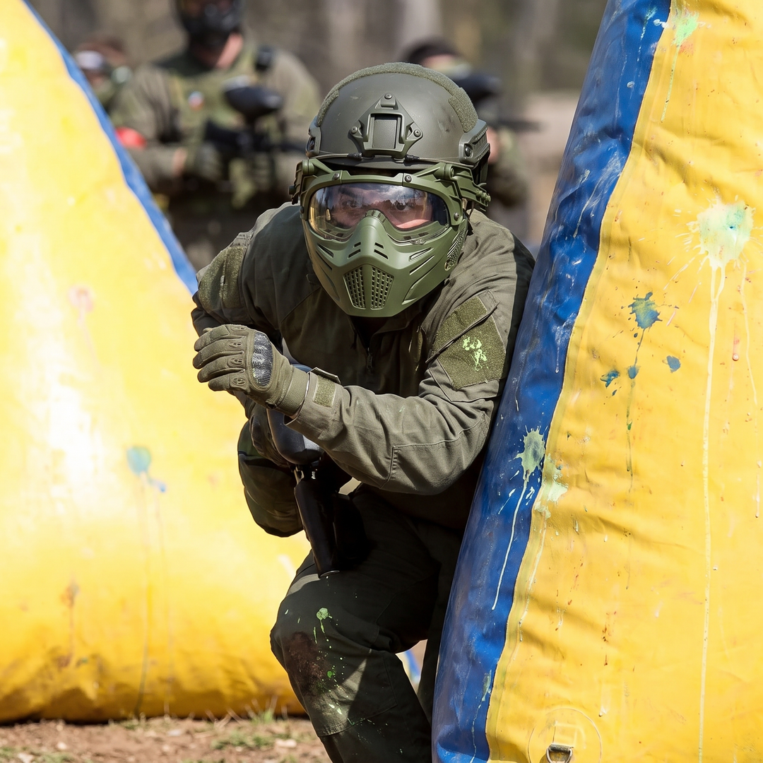 Tactical Half Face Mask with Flip Goggles - Paintball Match Lifestyle Olive Drab
