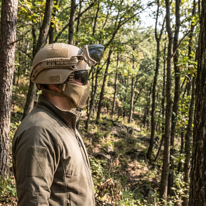 Tactical Half Face Mask with Flip Goggles - Hunting Outdoor Lifestyle Desert Tan