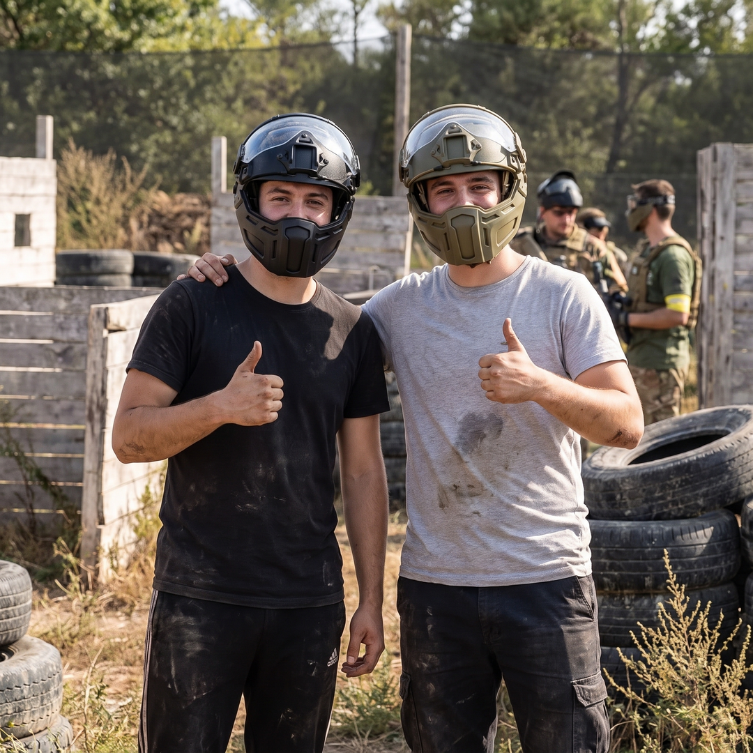 Tactical Half Face Mask with Flip Goggles - Group Airsoft Arena Lifestyle