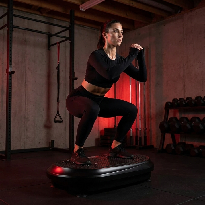 PHYSIOATHLETX vibration plate exercise machine - woman performing squats during full body vibration training