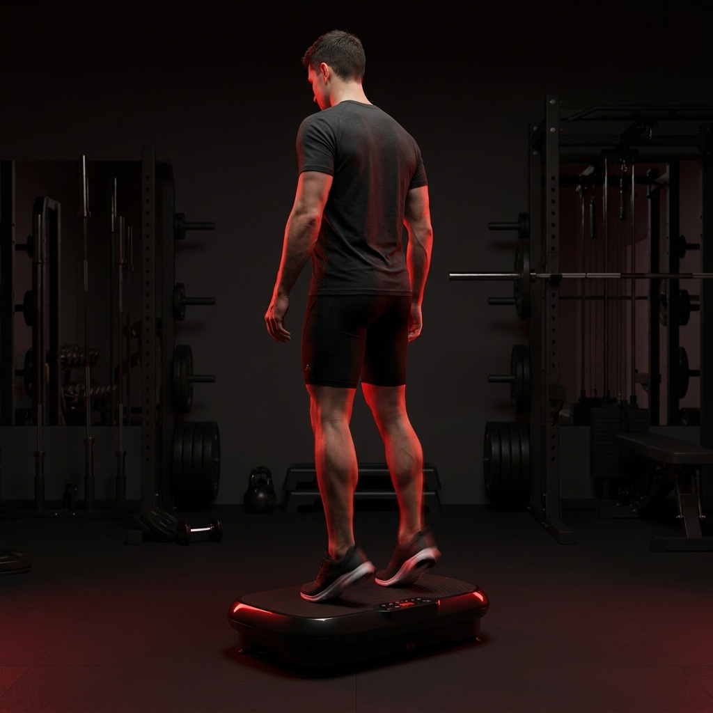 PHYSIOATHLETX vibration plate exercise machine - man performing calf raises on toning workout platform