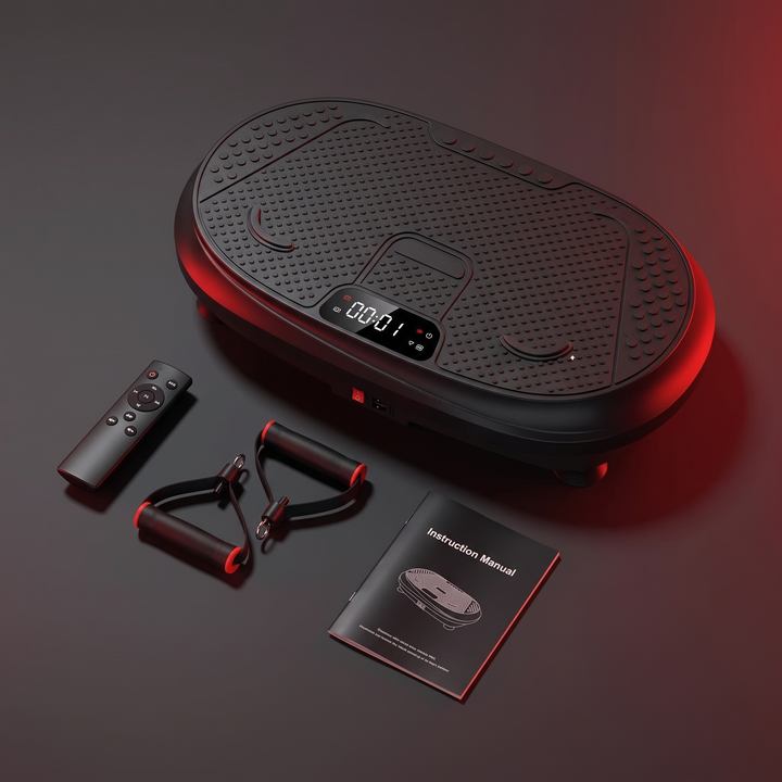 PHYSIOATHLETX vibration plate exercise machine - flat lay with remote control and resistance bands