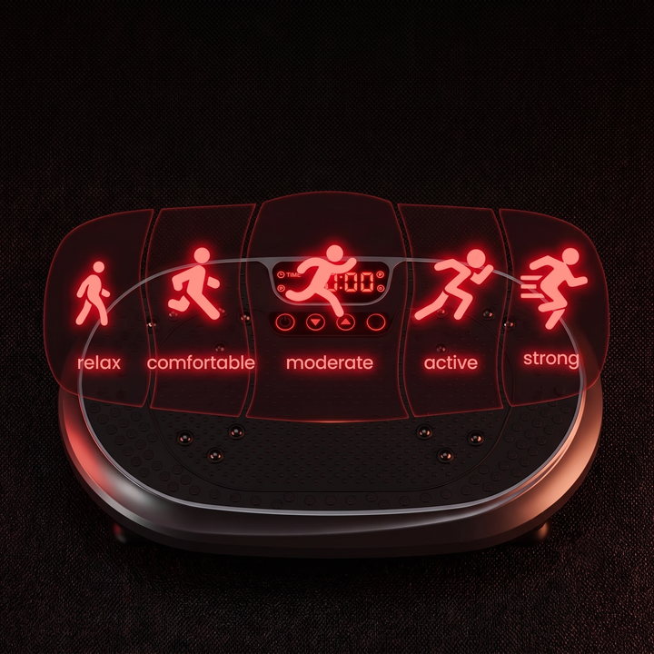 PHYSIOATHLETX vibration plate exercise machine - macro detail of glowing LED display
