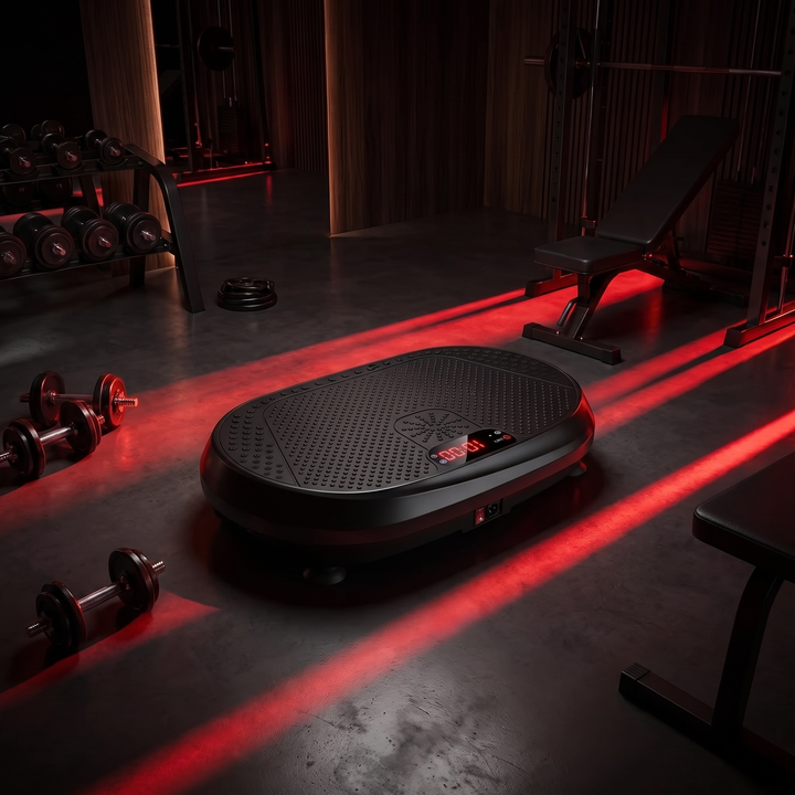 PHYSIOATHLETX vibration plate exercise machine - wide dramatic home gym studio scene
