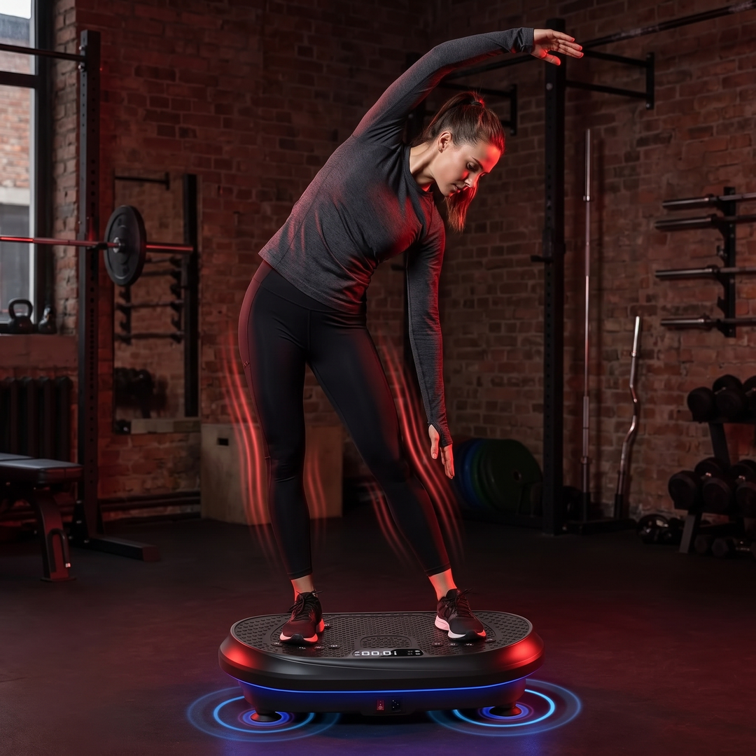 PHYSIOATHLETX vibration plate exercise machine - woman mobility stretch warm-up routine