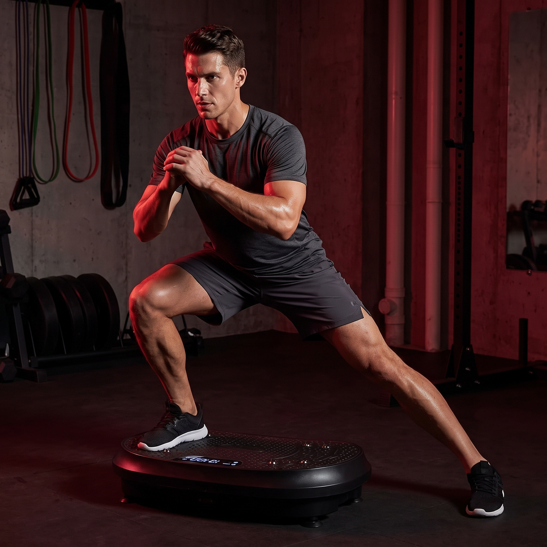 PHYSIOATHLETX vibration plate exercise machine - man performing side-to-side lunges full body vibration training