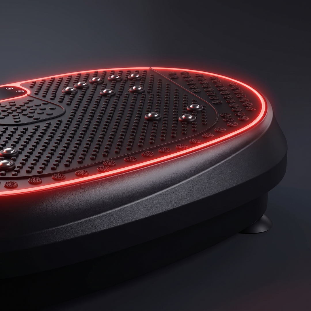 PHYSIOATHLETX vibration plate exercise machine - platform edge detail with LED accent lighting