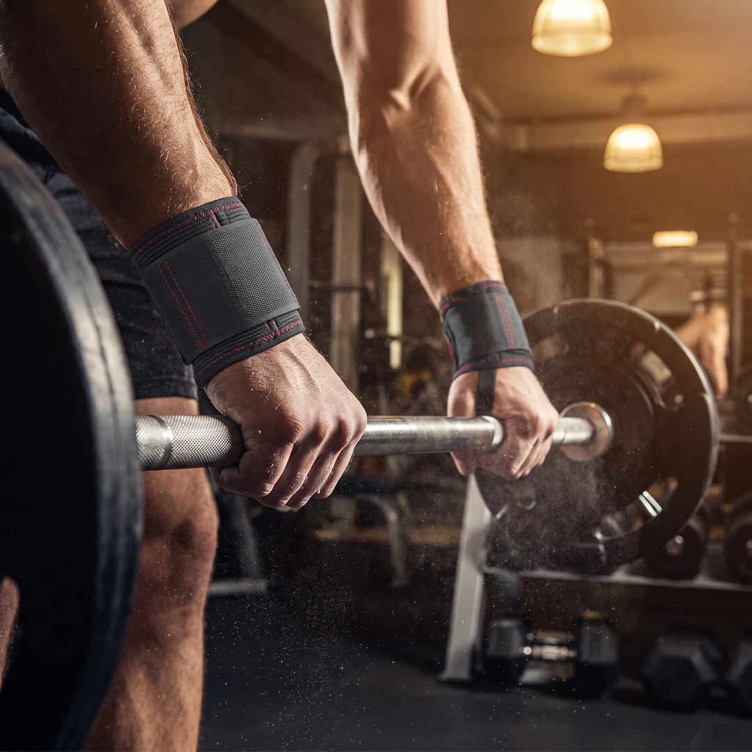 Close-up of hands wearing wrist support braces gripping a barbell