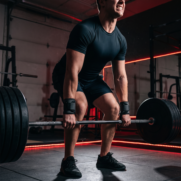 Athlete wearing wrist support braces during barbell deadlift training