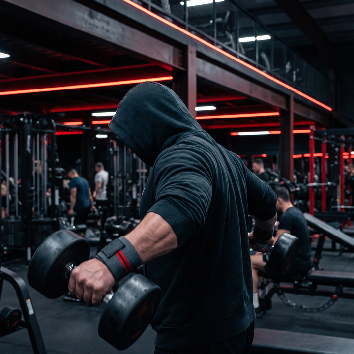Athlete wearing wrist support brace while lifting dumbbells in gym