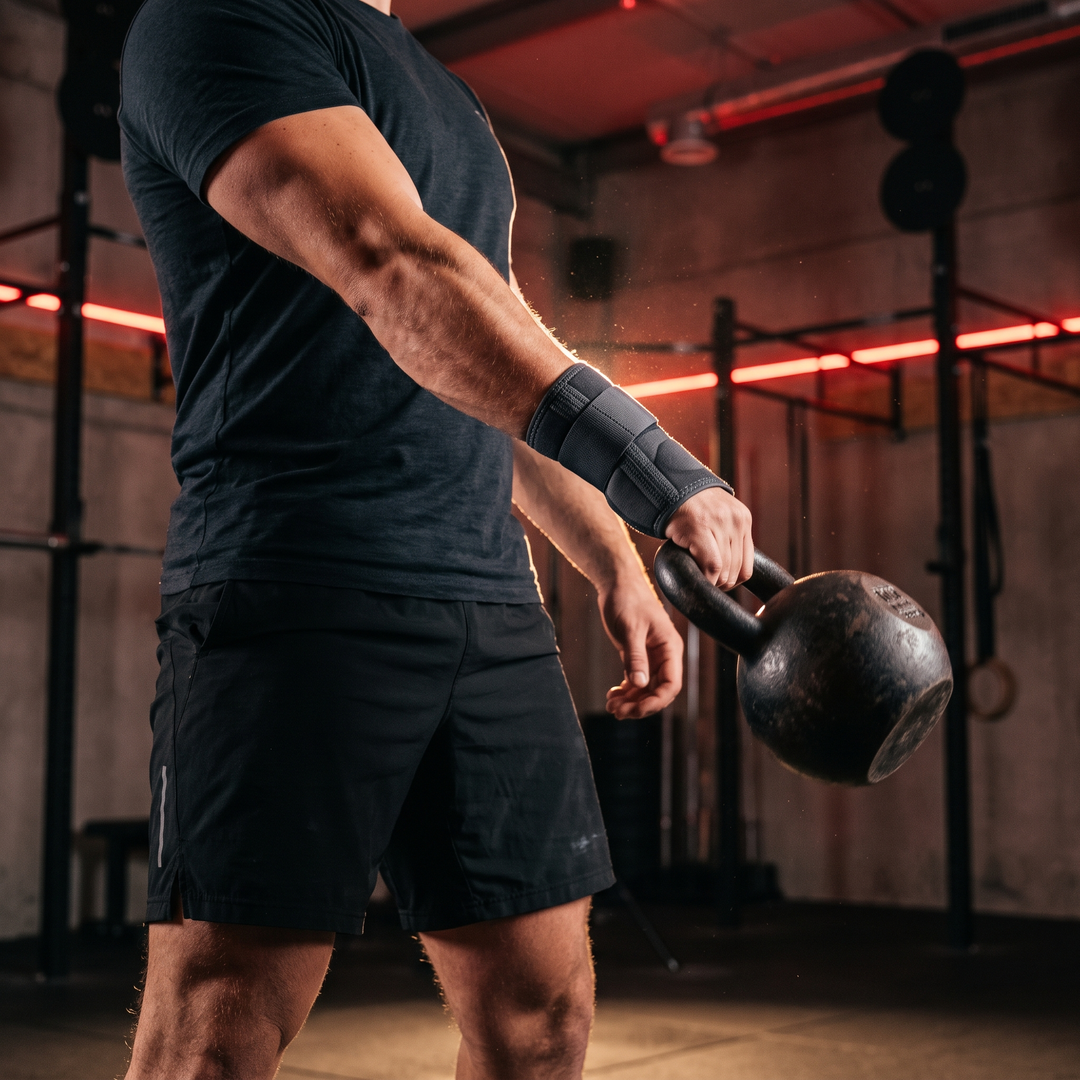Athlete wearing wrist support brace during kettlebell training