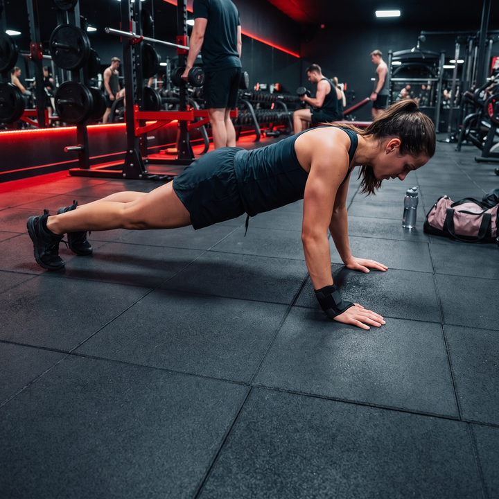 Athlete wearing wrist support brace during push-up training