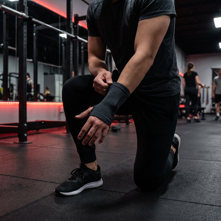 Athlete wearing wrist support brace during wrist stretch warm-up