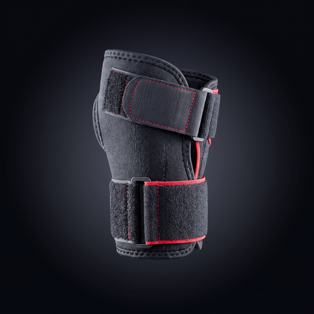 Wrist support brace back view showing strap closure, left-hand design
