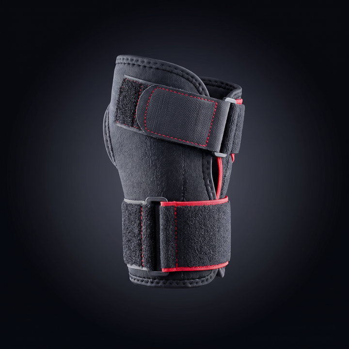 Wrist support brace back view showing strap closure, left-hand design