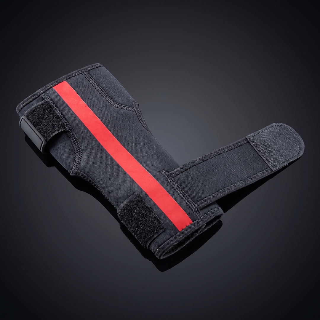 Adjustable wrist support brace, left-hand front view, dark charcoal with red accent
