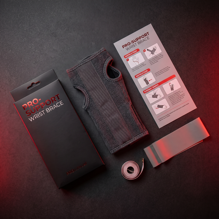 Wrist support brace with packaging and instruction card flat lay