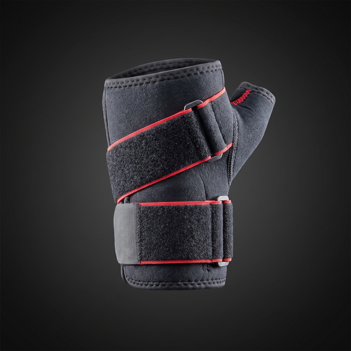 Wrist support brace back view showing strap closure, right-hand design
