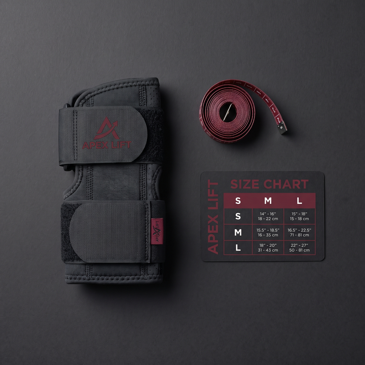 Wrist support brace size chart flat lay showing S M L sizing