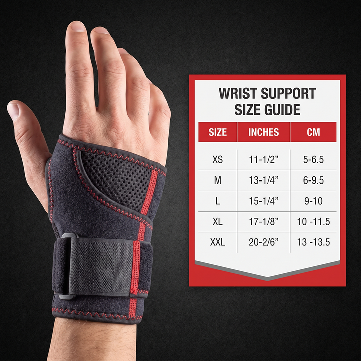Wrist support brace size guide with wrist measurement comparison
